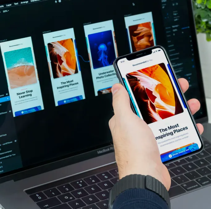 A mobile app mockup which displays apps developed in React Native.
